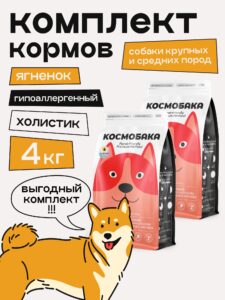 Набор кормов сухих для собак «Космобака» для крупных и средних пород с ягненком 2 кг, 2 пачки