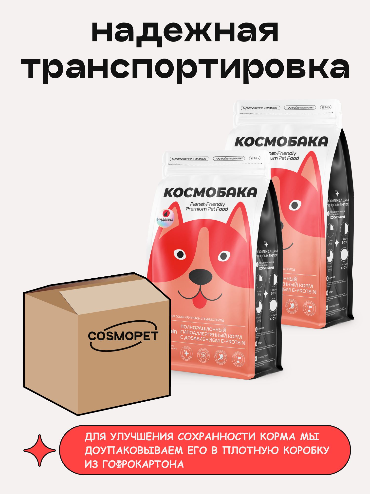 Набор кормов сухих для собак «Космобака» для крупных и средних пород с индейкой 2 кг, 2 пачки