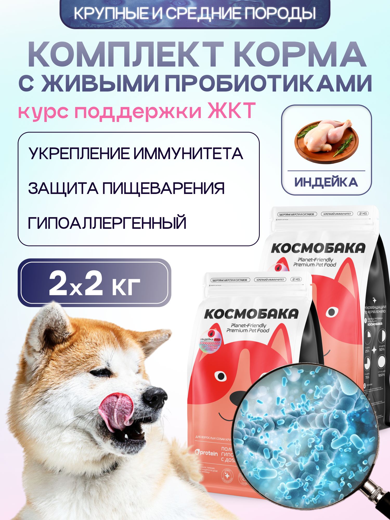 Набор кормов сухих для собак «Космобака» для крупных и средних пород с индейкой с пробиотиком 2 кг,