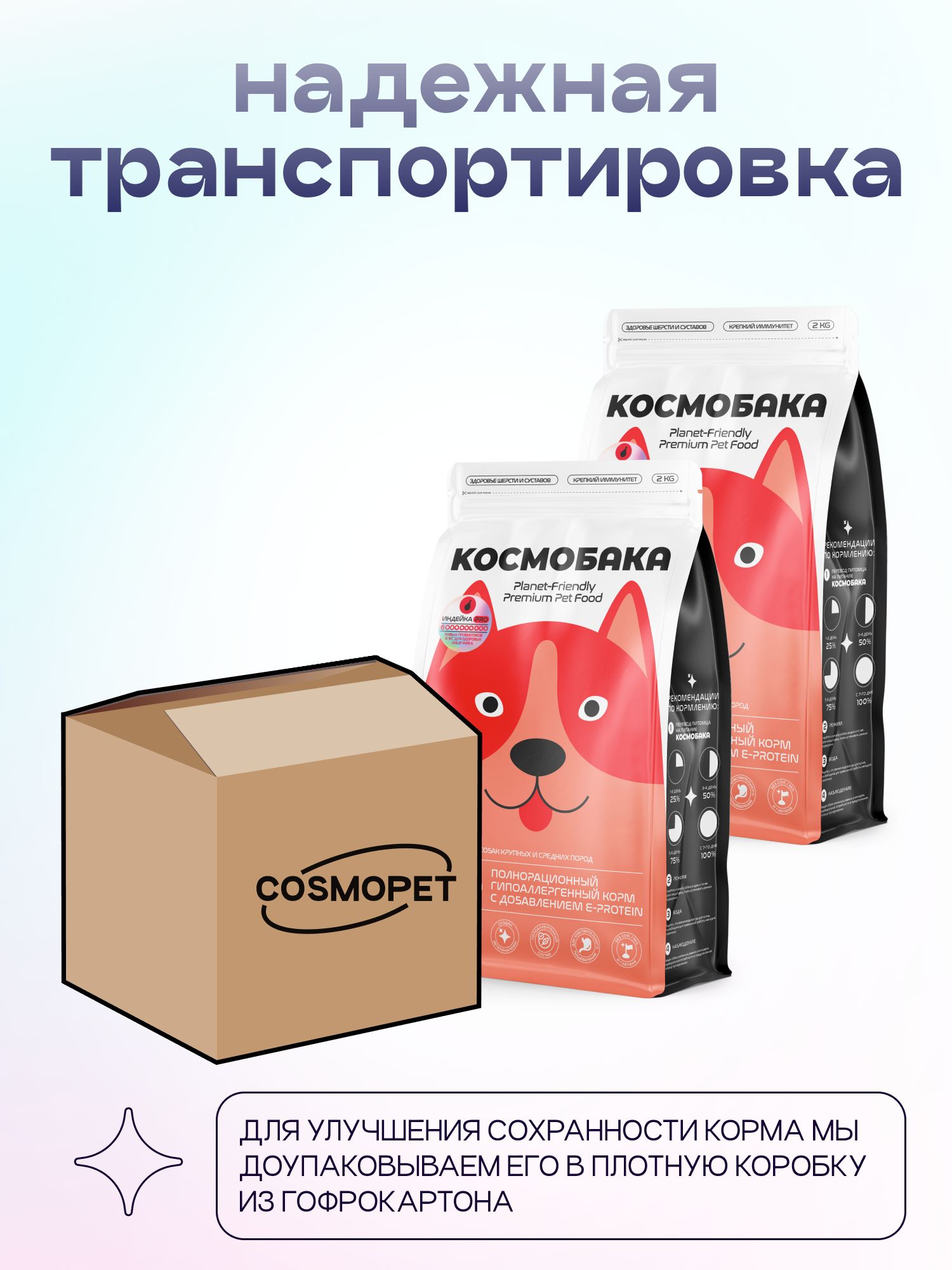 Набор кормов сухих для собак «Космобака» для крупных и средних пород с индейкой с пробиотиком 2 кг,