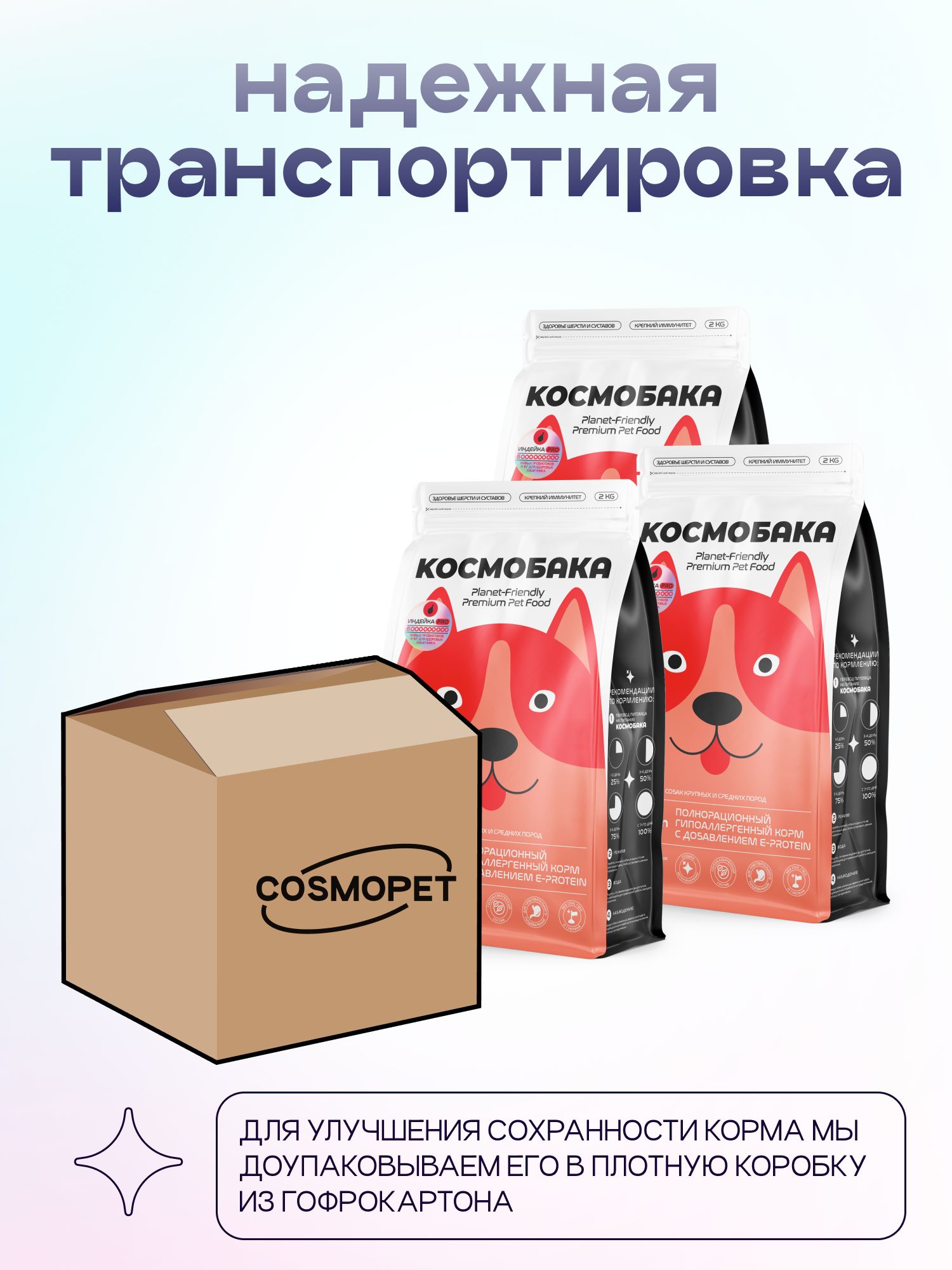 Набор кормов сухих для собак «Космобака» для крупных и средних пород с индейкой с пробиотиком 2 кг,