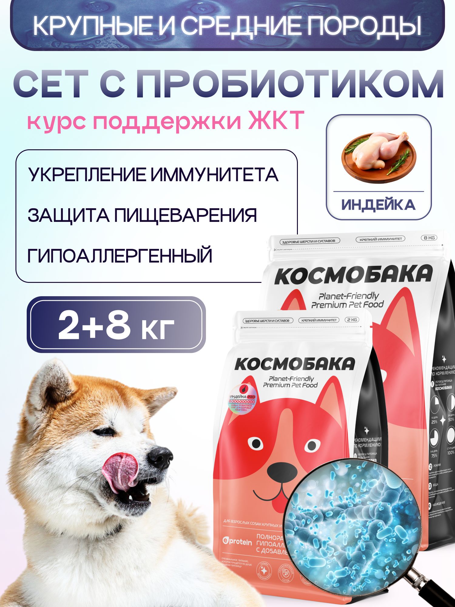 Набор кормов сухих для собак «Космобака» для крупных и средних пород с индейкой 8 кг + с пробиотиком