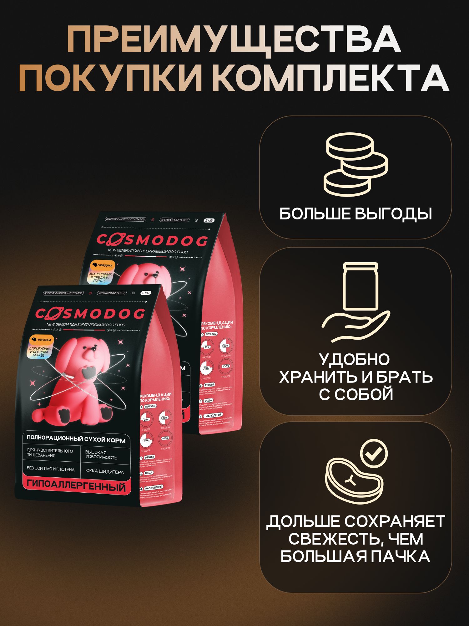 Набор кормов сухих для собак «Cosmodog» для крупных и средних пород с говядиной 2 кг, 2 пачки