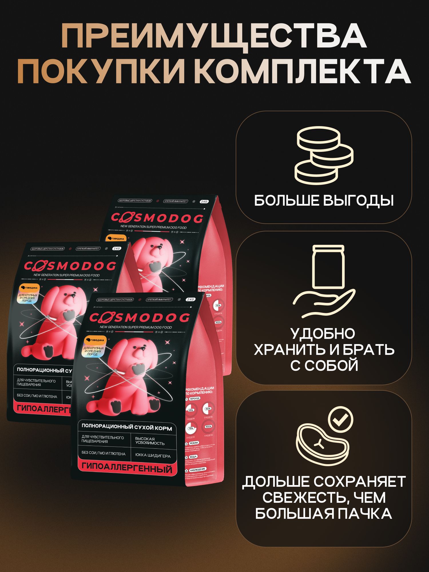 Набор кормов сухих для собак «Cosmodog» для крупных и средних пород с говядиной 2 кг, 3 пачки