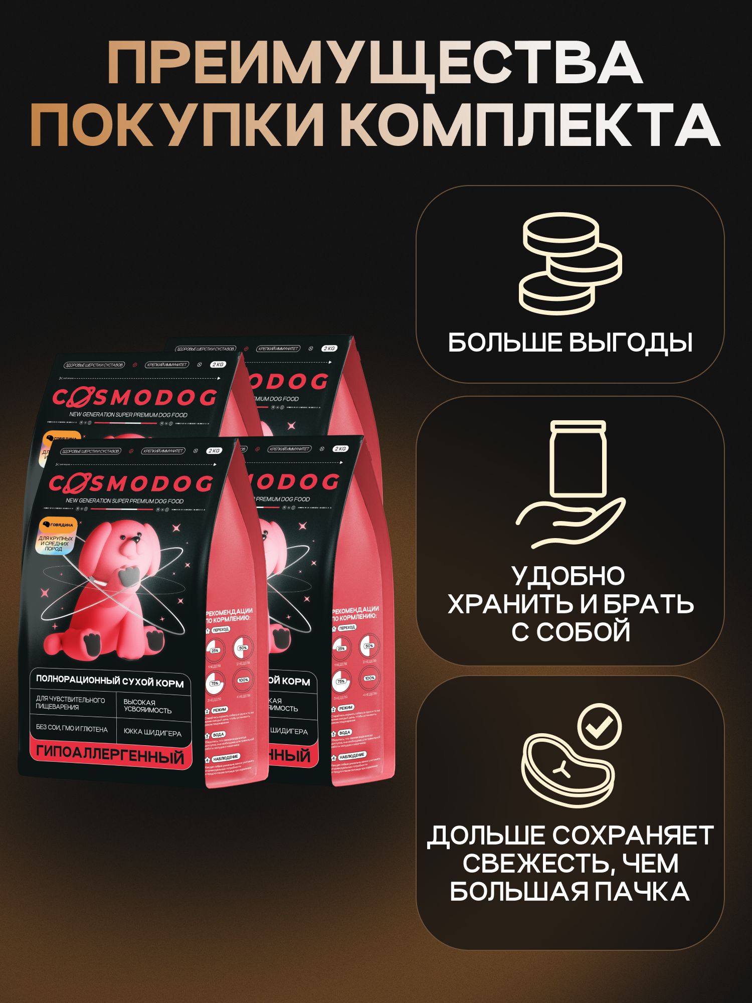 Набор кормов сухих для собак «Cosmodog» для крупных и средних пород с говядиной 2 кг, 4 пачки