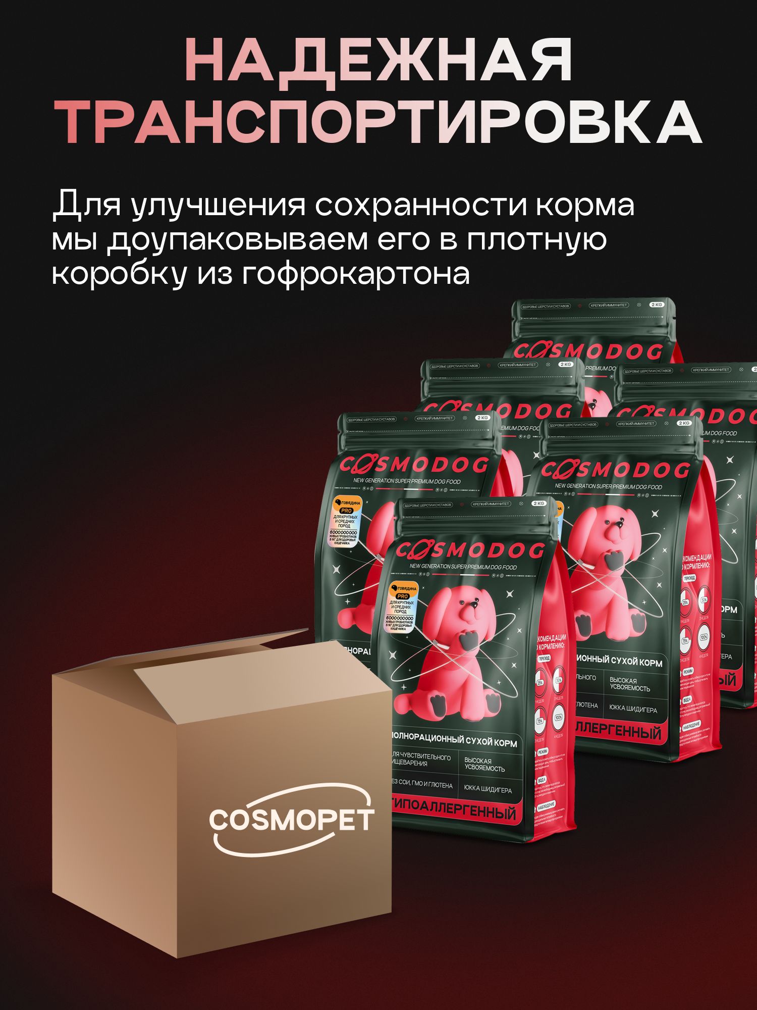 Набор кормов сухих для собак «Cosmodog» для крупных и средних пород с говядиной с пробиотиком 2 кг,