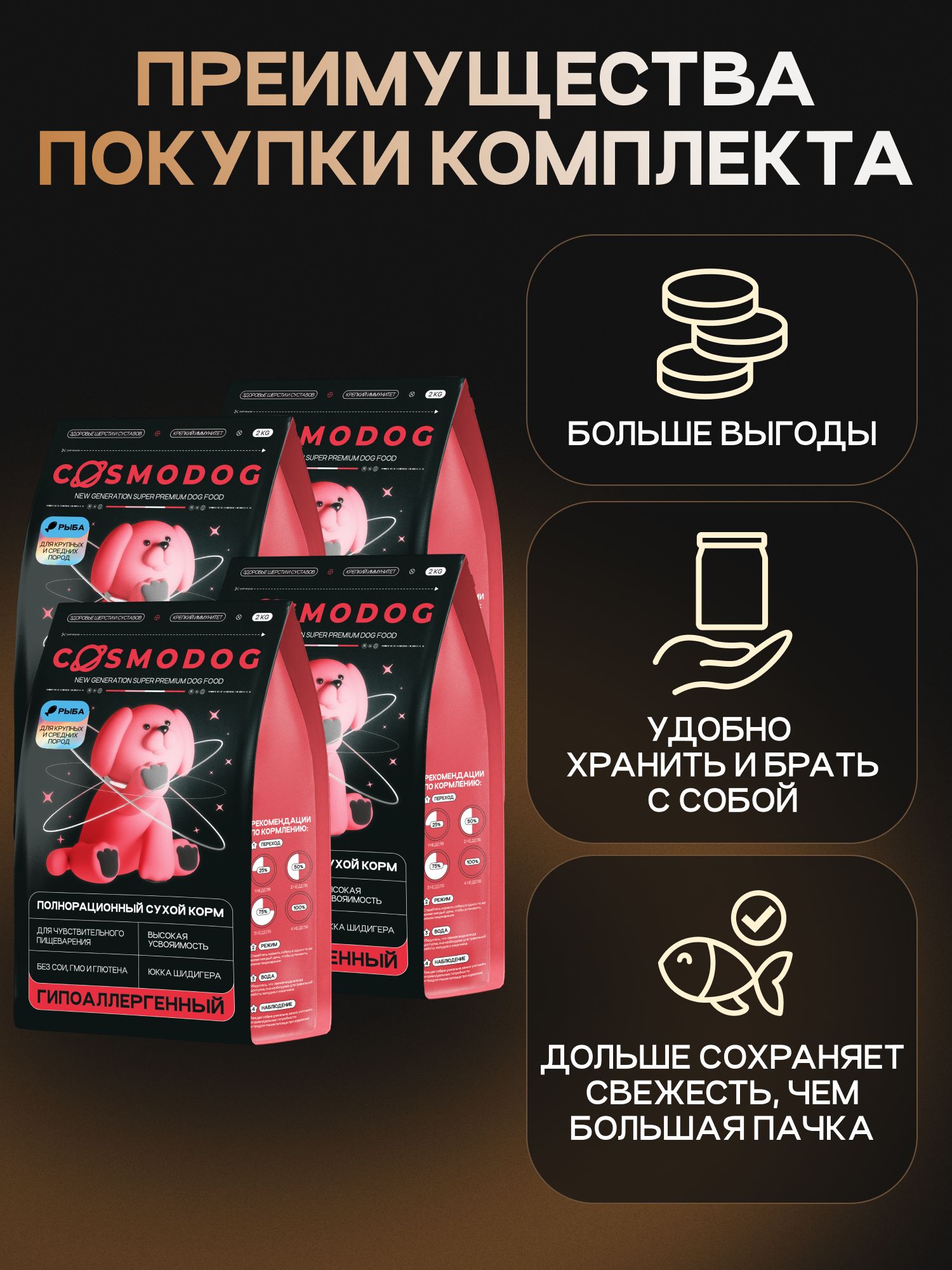 Набор кормов сухих для собак «Cosmodog» для крупных и средних пород с рыбой 2 кг, 4 пачки