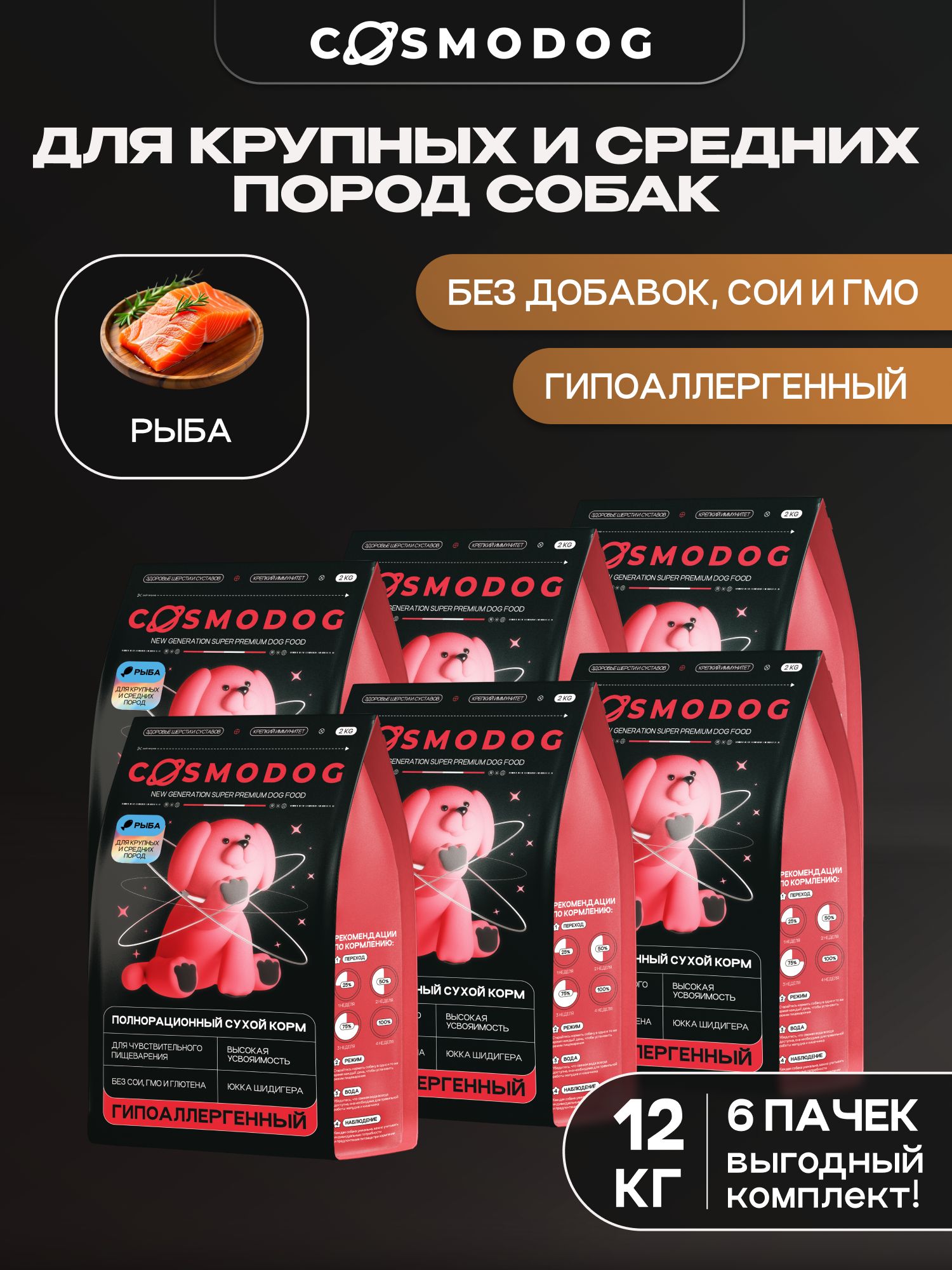 Набор кормов сухих для собак «Cosmodog» для крупных и средних пород с рыбой 2 кг, 6 пачек