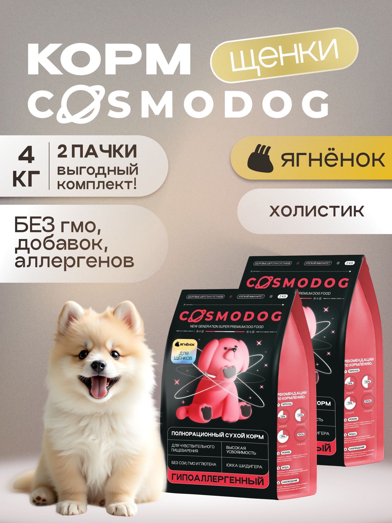 Набор кормов сухих для собак «Cosmodog» для щенков с ягненком 2 кг, 2 пачки