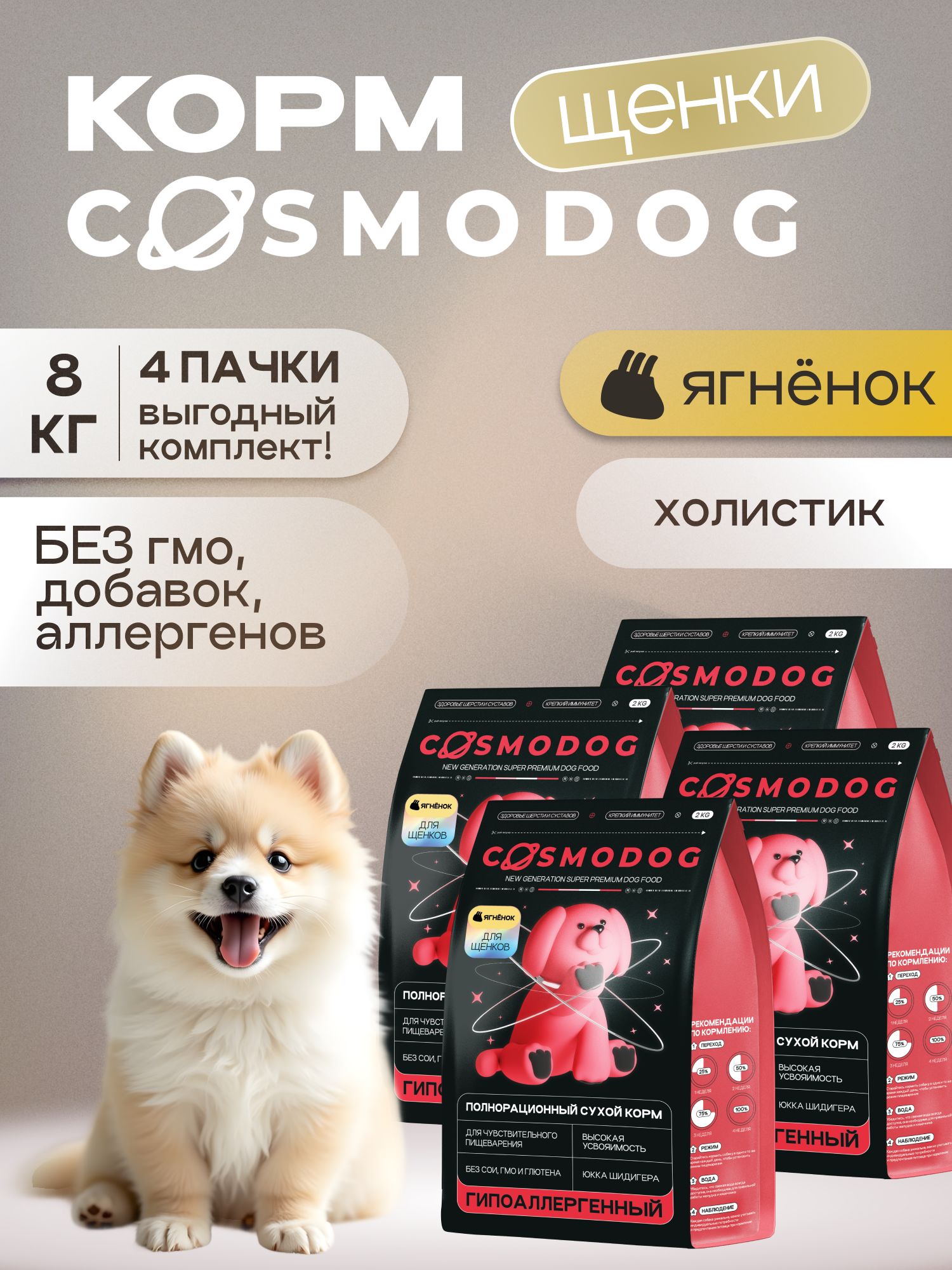Набор кормов сухих для собак «Cosmodog» для щенков с ягненком 2 кг, 4 пачки