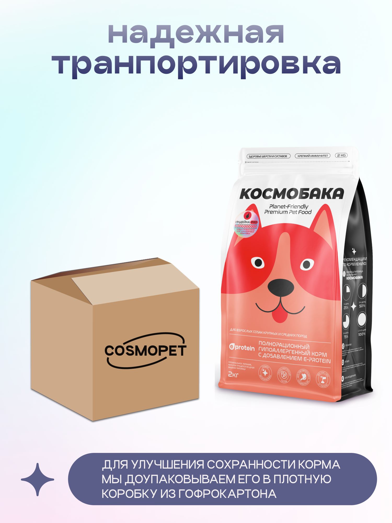 Корм сухой для собак «Космобака» для крупных и средних пород с индейкой с пробиотиком 2 кг