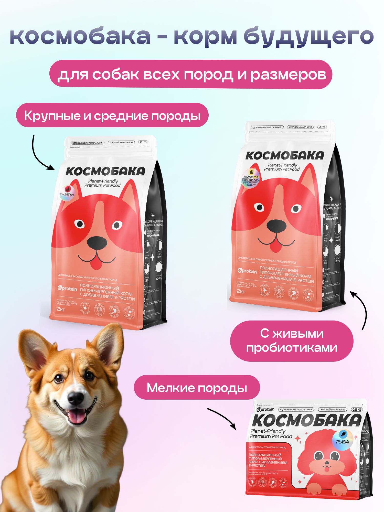 Корм сухой для собак «Космобака» для крупных и средних пород с индейкой с пробиотиком 2 кг