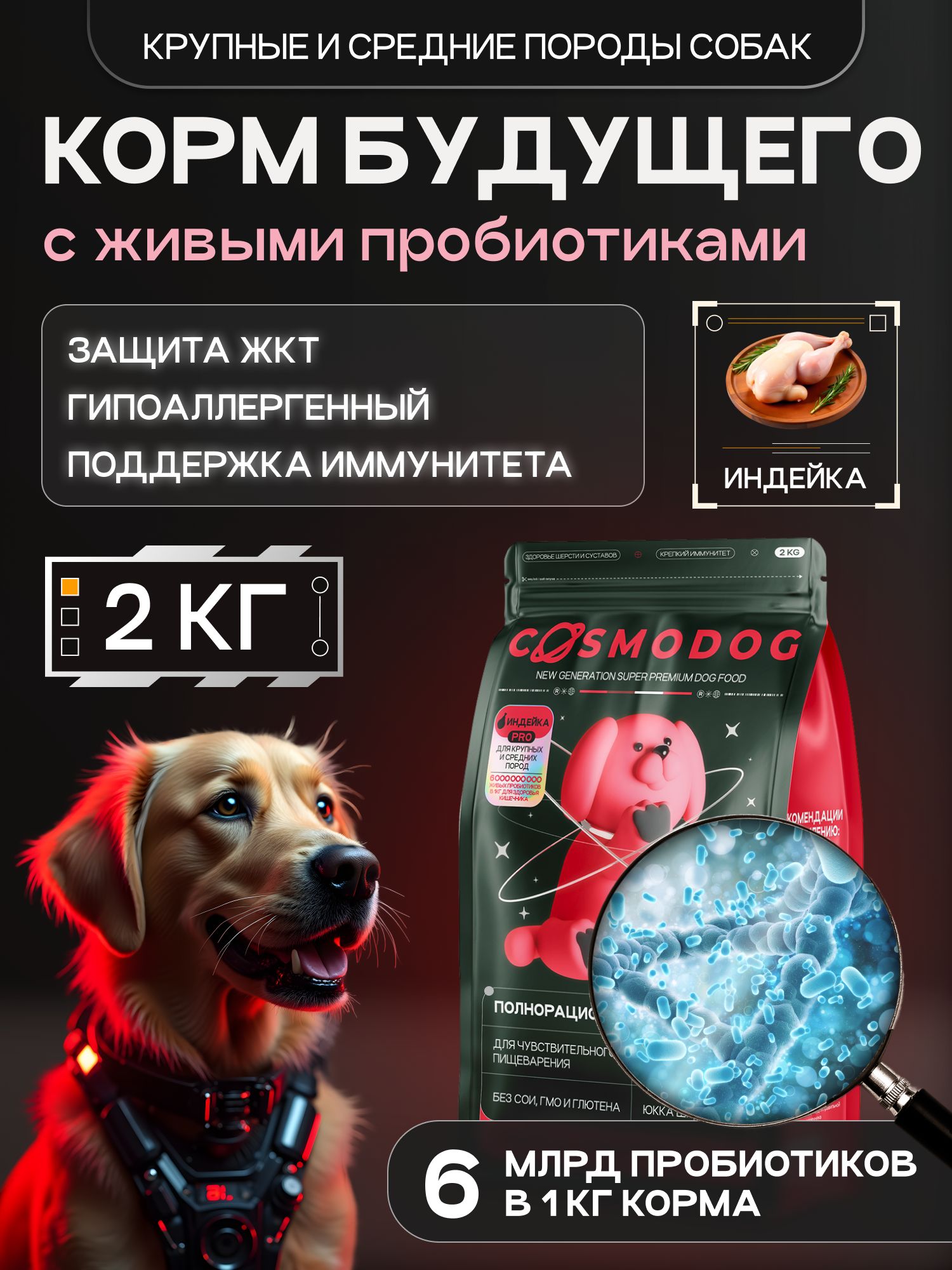 Корм сухой для собак «Cosmodog» для крупных и средних пород с индейкой с пробиотиком 2 кг