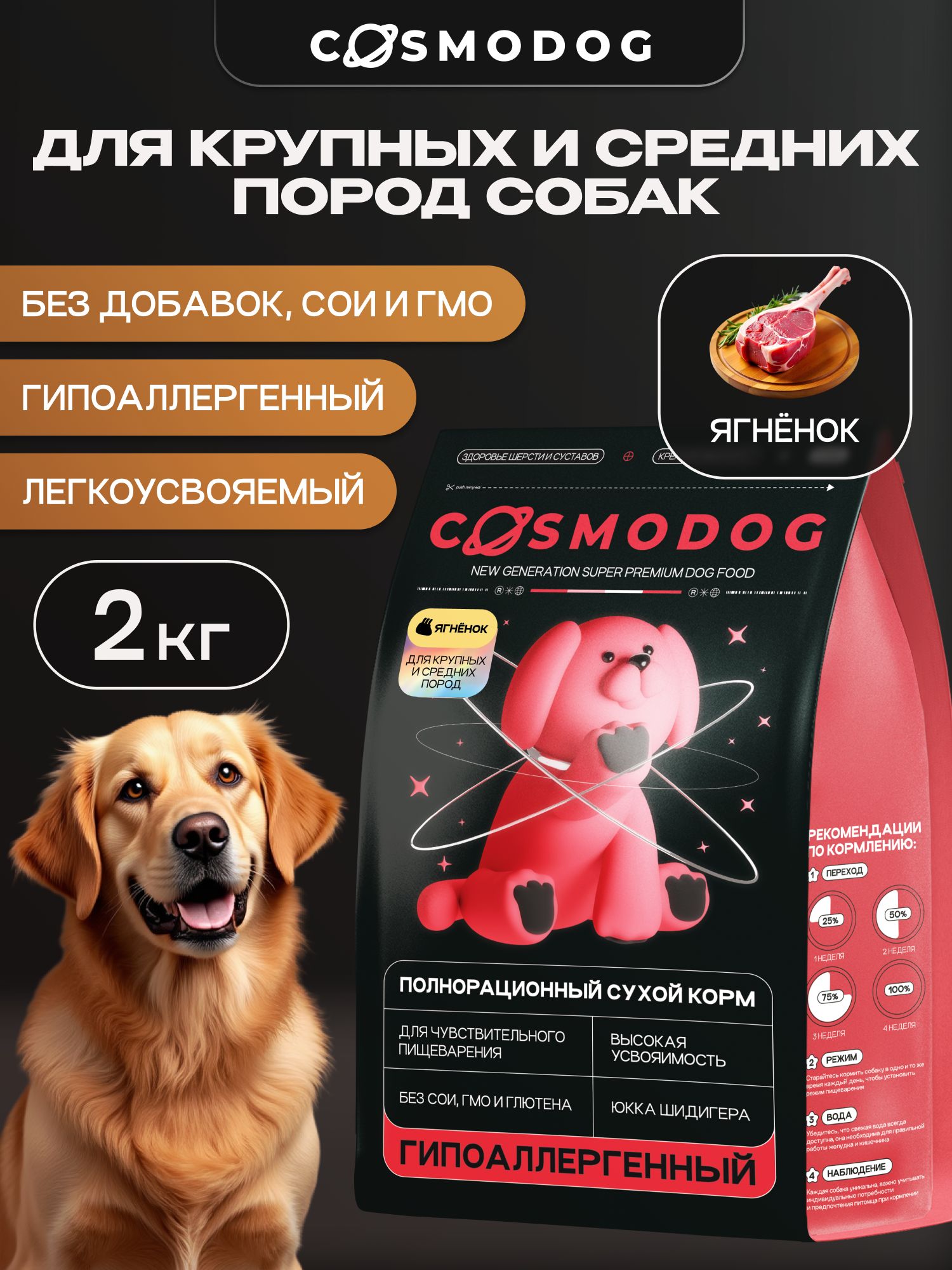Корм сухой для собак «Cosmodog» для крупных и средних пород с ягненком 2 кг