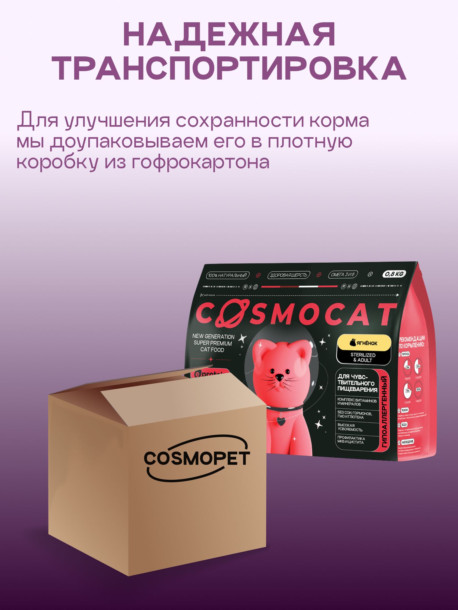 Корм сухой «Cosmocat» для стерилизованных кошек с ягненком 0.8 кг