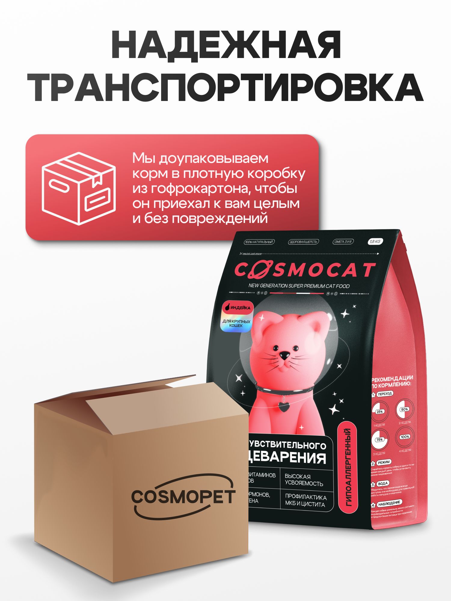 Корм сухой «Cosmocat» для крупных кошек с индейкой 1,8 кг