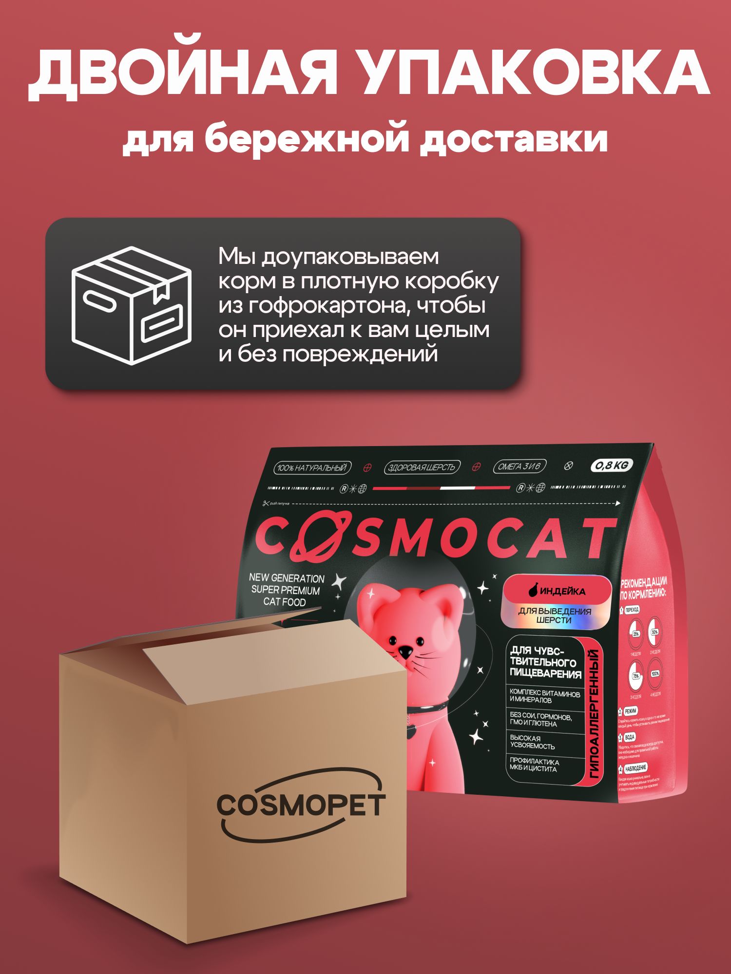Корм сухой «Cosmocat» для выведения шерсти с индейкой 0,8 кг