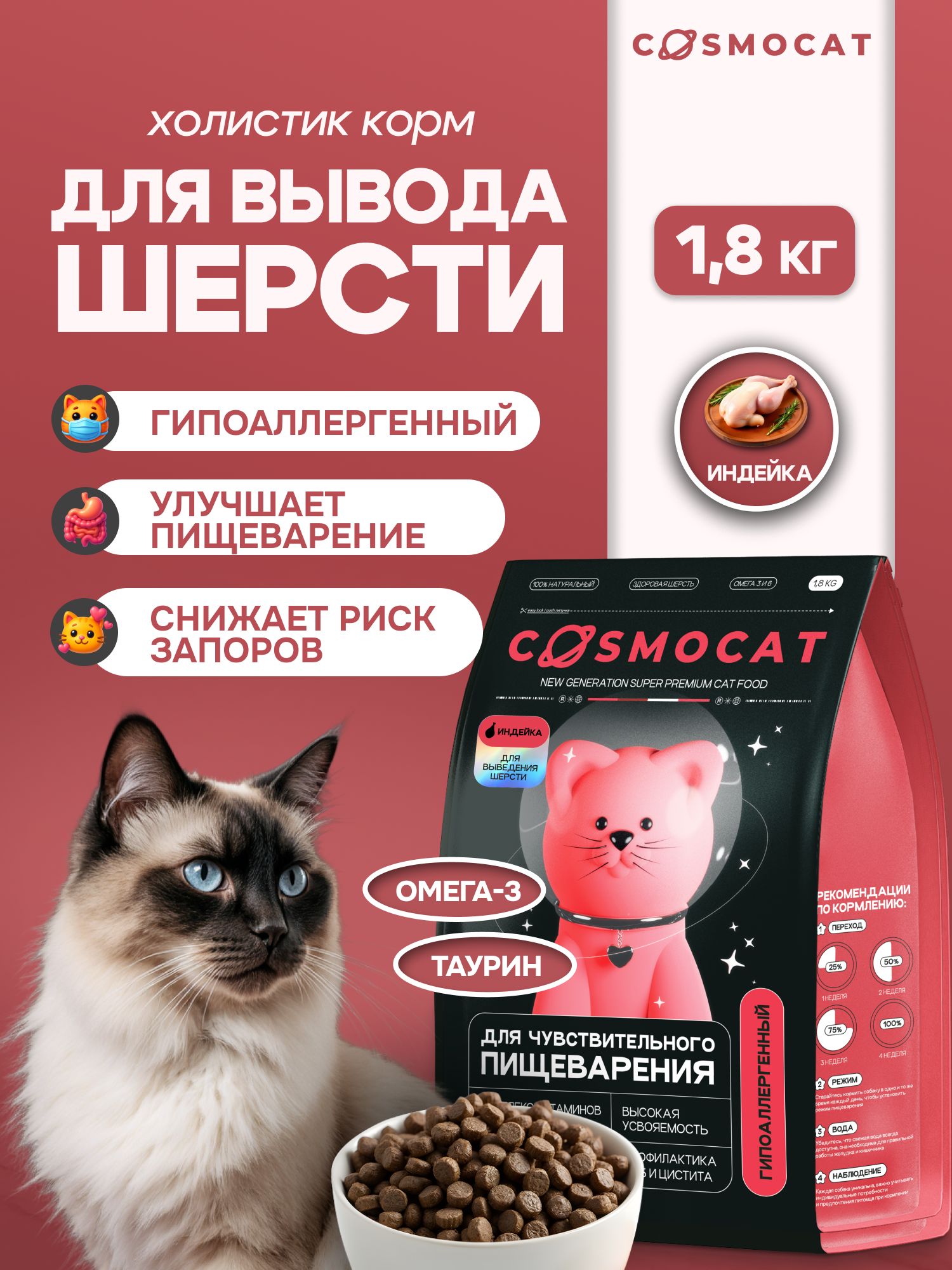 Корм сухой «Cosmocat» для выведения шерсти с индейкой 1,8 кг