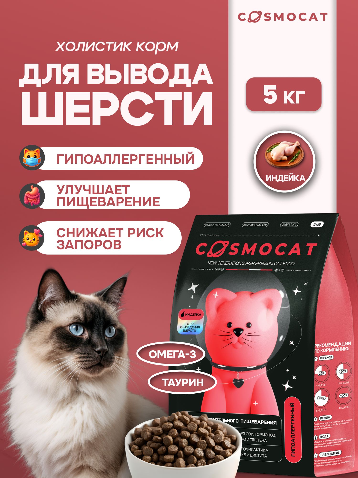 Корм сухой «Cosmocat» для выведения шерсти с индейкой 5 кг