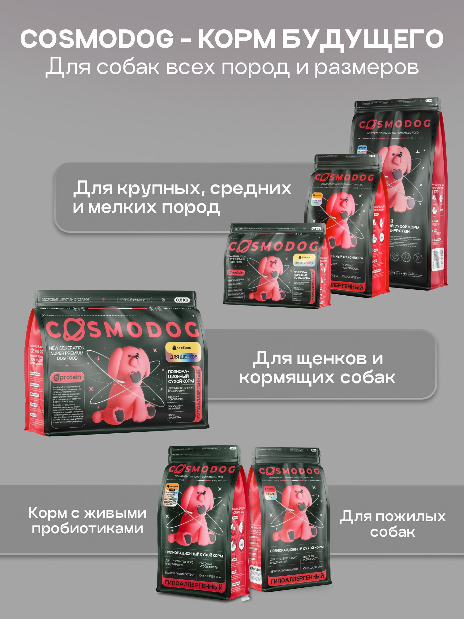 Набор кормов сухих для собак «Cosmodog» для мини пород с ягненком 2 кг, 3 пачки