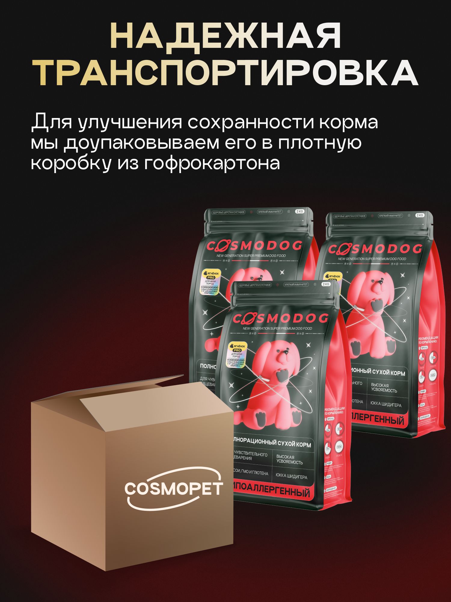 Набор кормов сухих для собак «Cosmodog» для мини пород с ягненком с пробиотиком 2 кг, 3 пачки