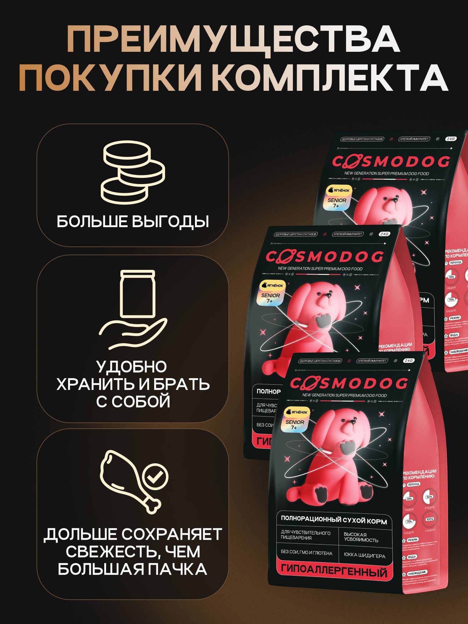 Набор кормов сухих для собак «Cosmodog» Senior 7+ с ягненком 2 кг, 3 пачки