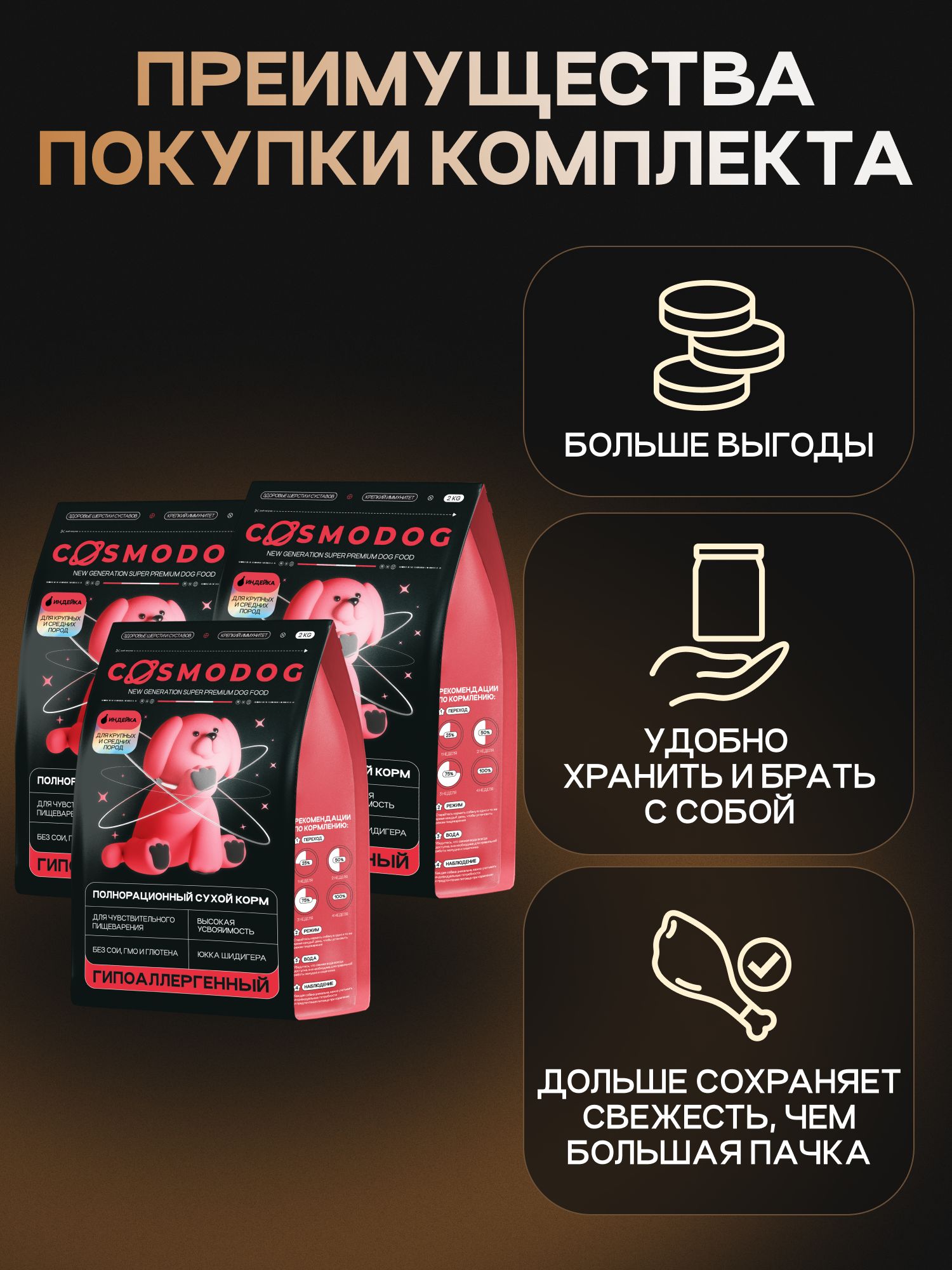 Набор кормов сухих для собак «Cosmodog» для крупных и средних пород с индейкой 2 кг, 3 пачки