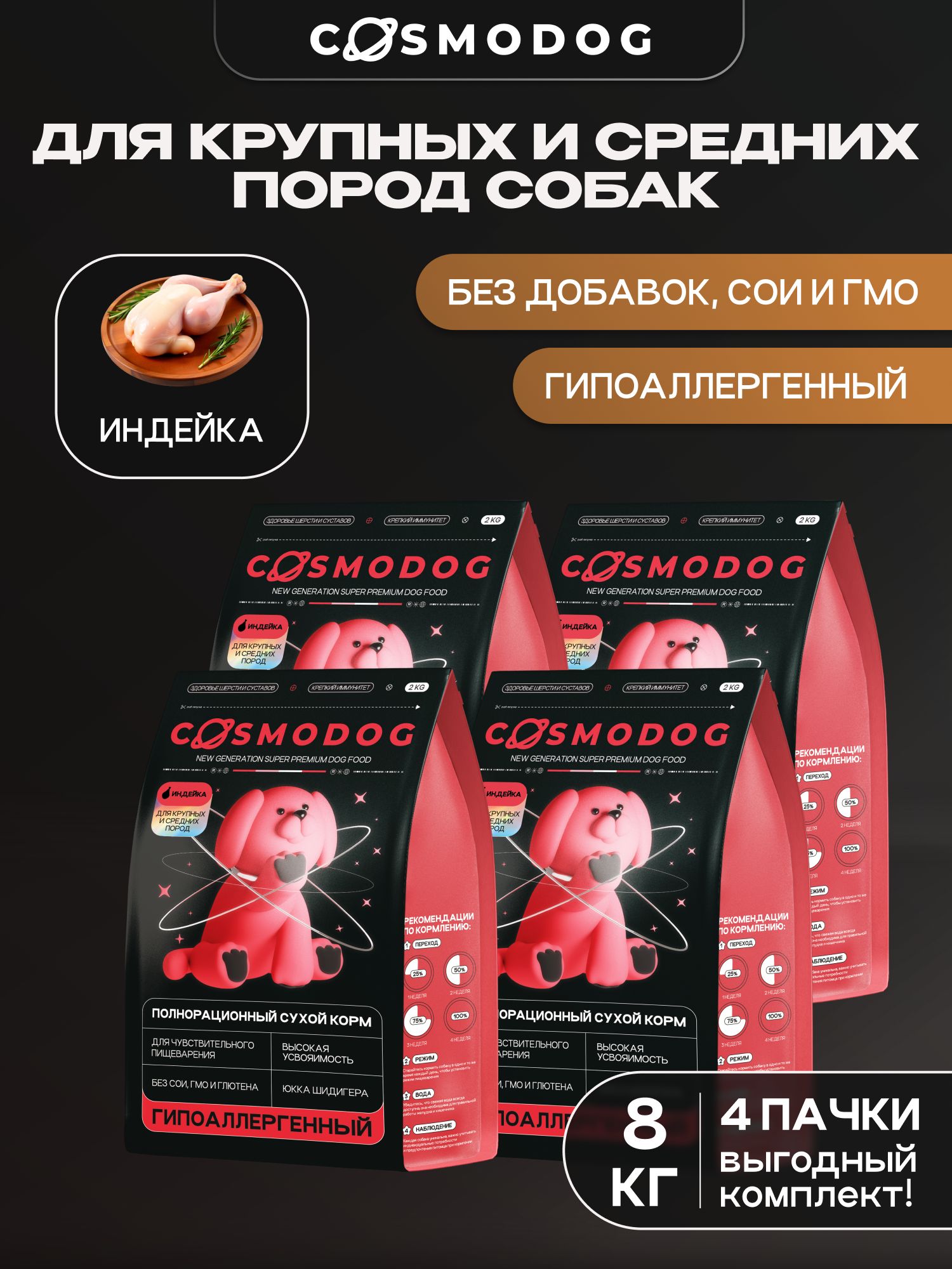 Набор кормов сухих для собак «Cosmodog» для крупных и средних пород с индейкой 2 кг, 4 пачки