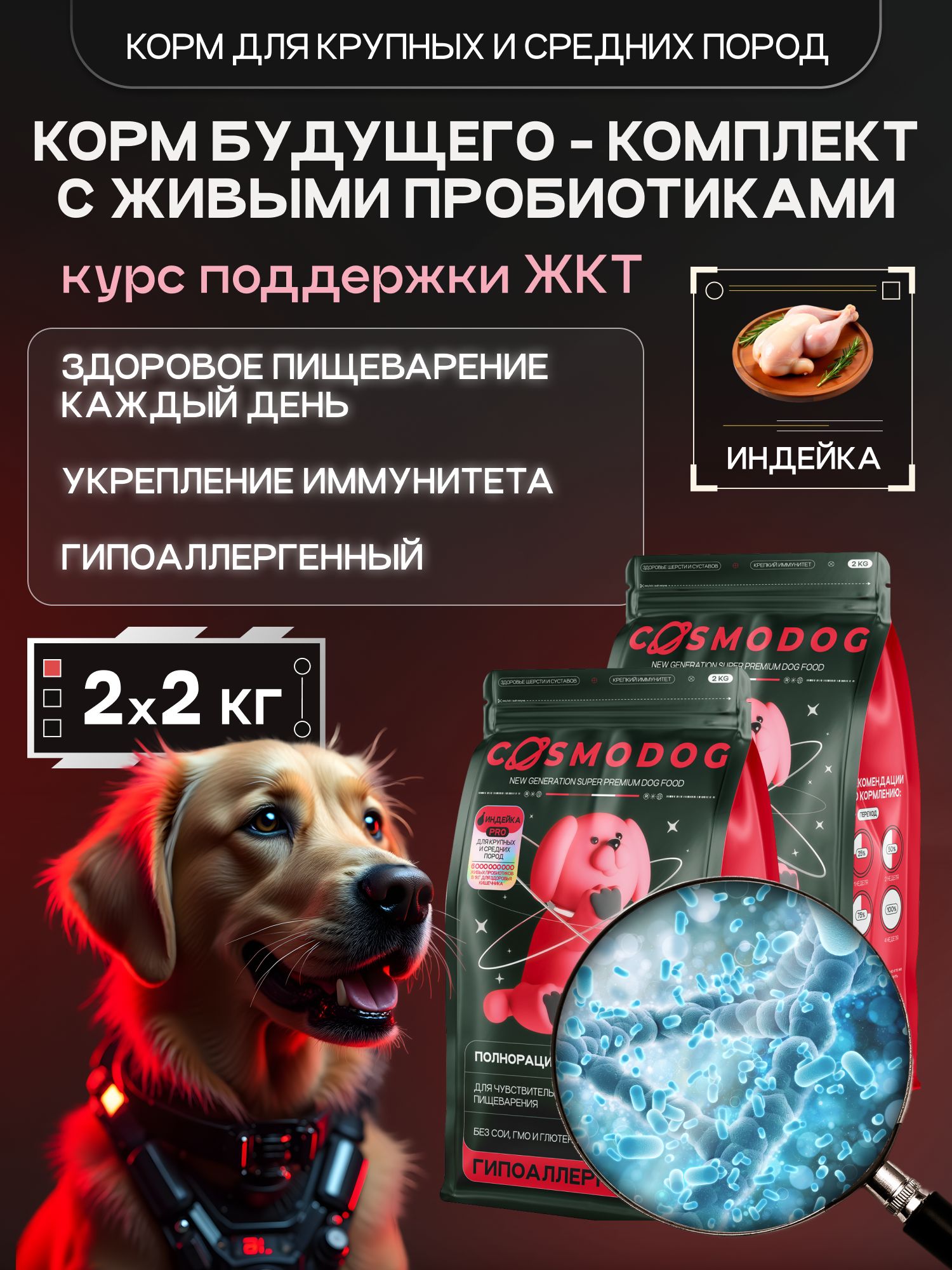 Набор кормов сухих для собак «Cosmodog» для крупных и средних пород с индейкой с пробиотиком 2 кг, 2