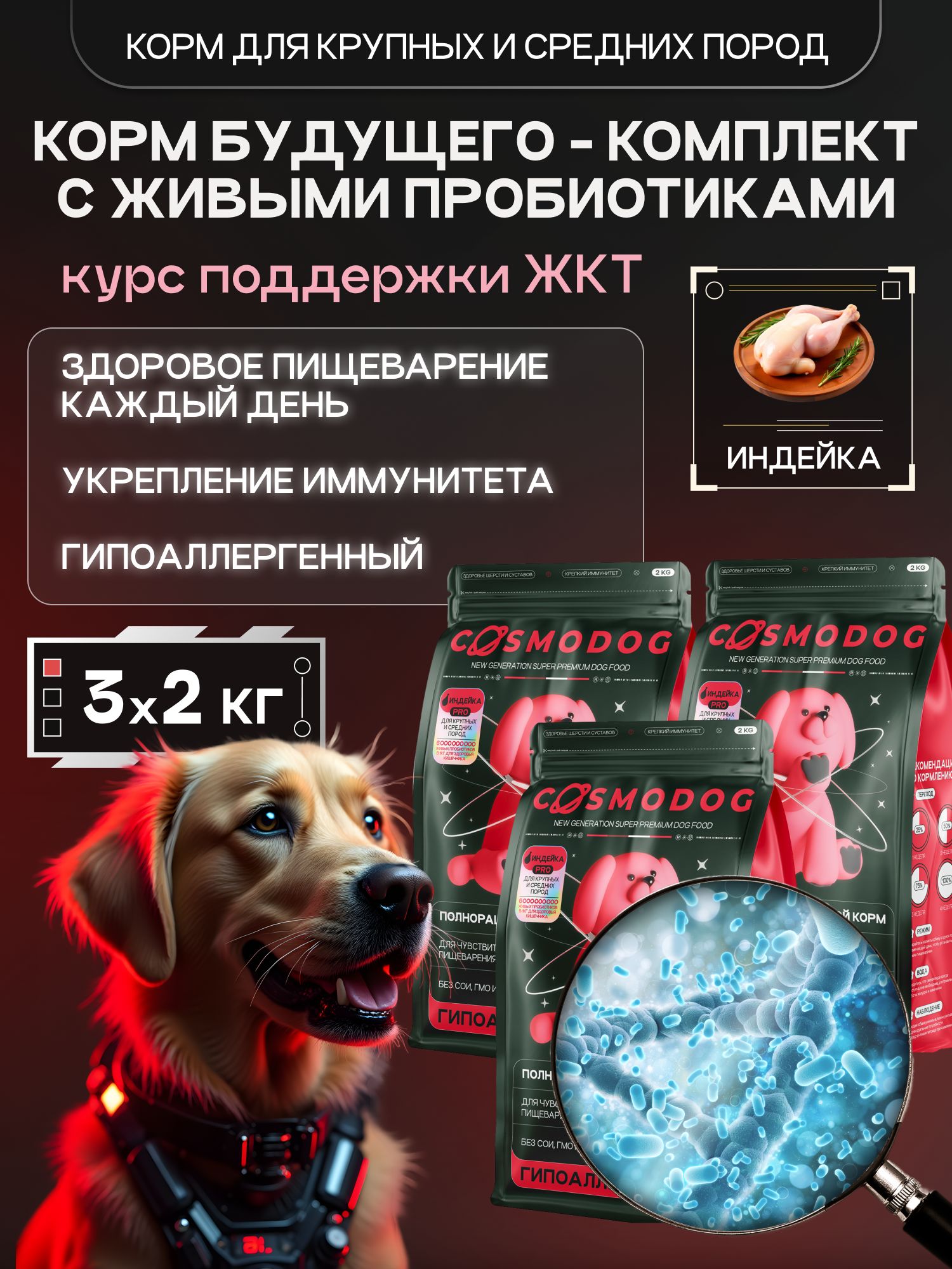 Набор кормов сухих для собак «Cosmodog» для крупных и средних пород с индейкой с пробиотиком 2 кг, 3
