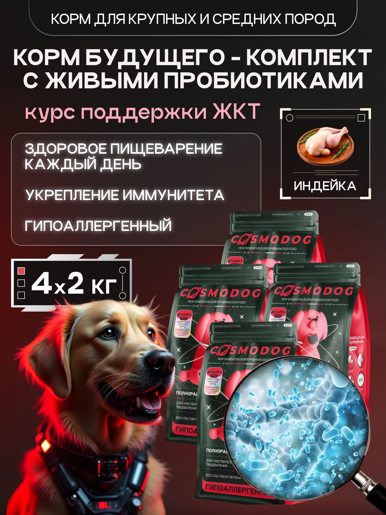 Набор кормов сухих для собак «Cosmodog» для крупных и средних пород с индейкой с пробиотиком 2 кг, 4