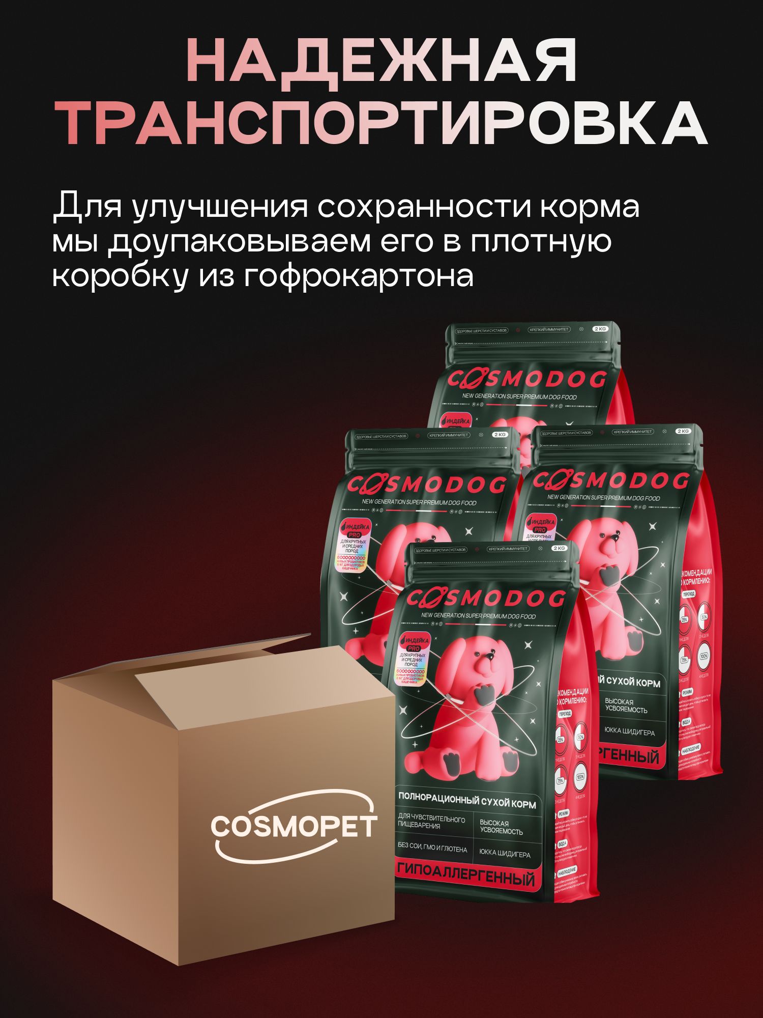Набор кормов сухих для собак «Cosmodog» для крупных и средних пород с индейкой с пробиотиком 2 кг, 4