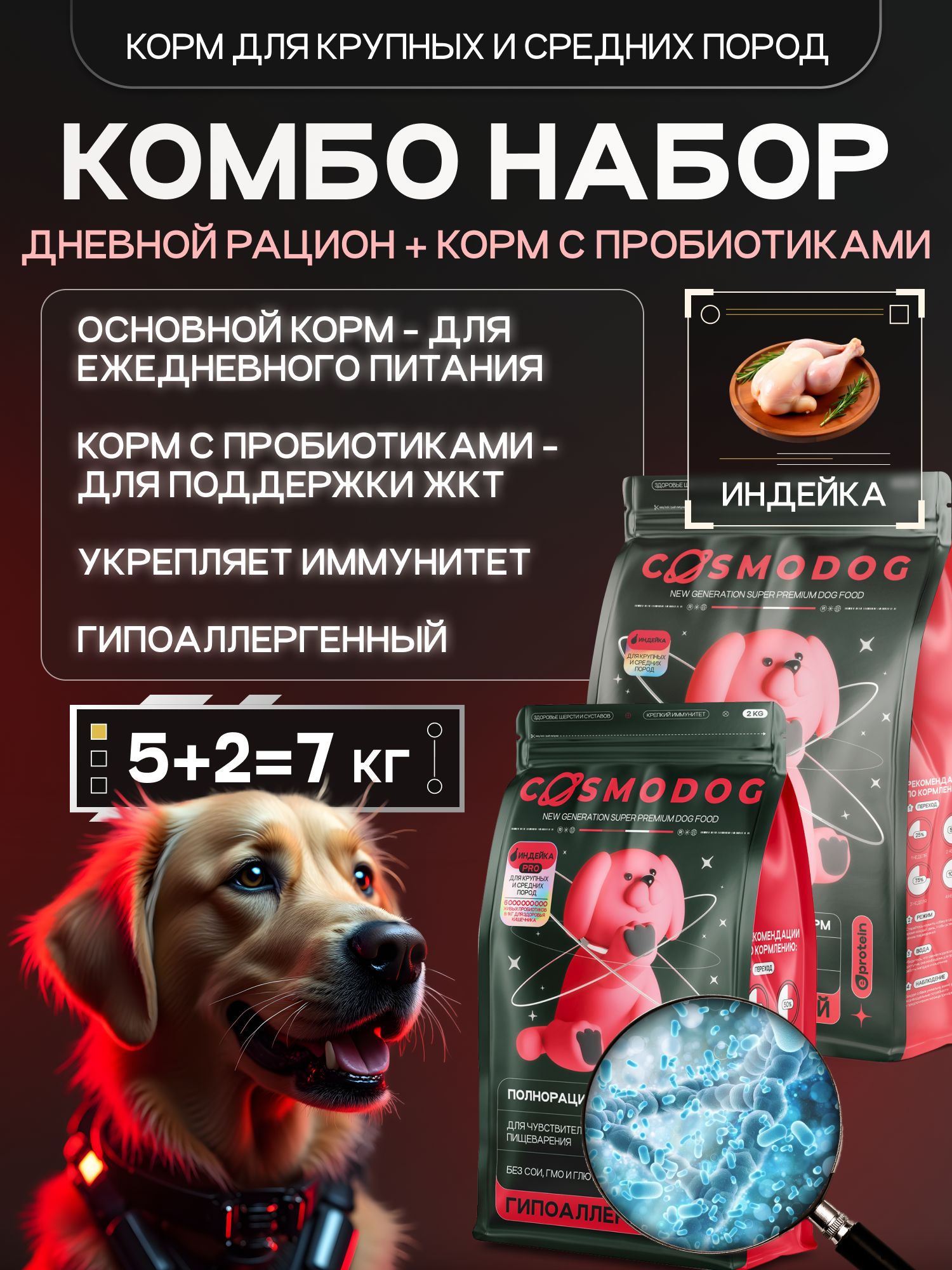 Набор кормов сухих для собак «Cosmodog» для крупных и средних пород с индейкой 5 кг + с пробиотиком