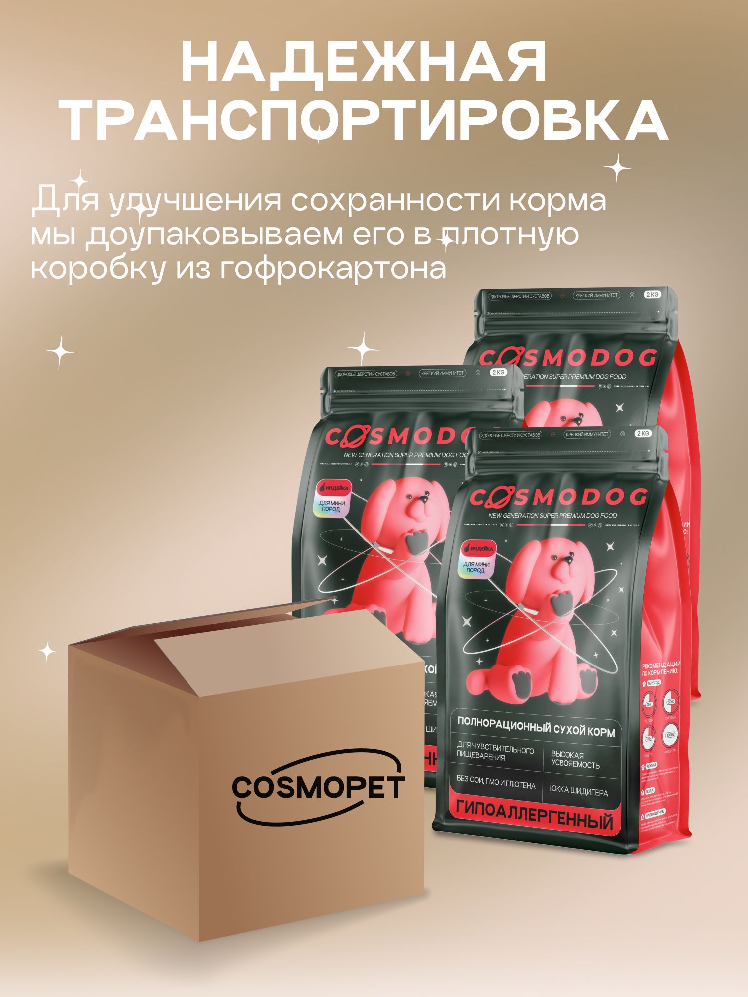 Набор кормов сухих для собак «Cosmodog» для мини пород с индейкой 2 кг, 3 пачки