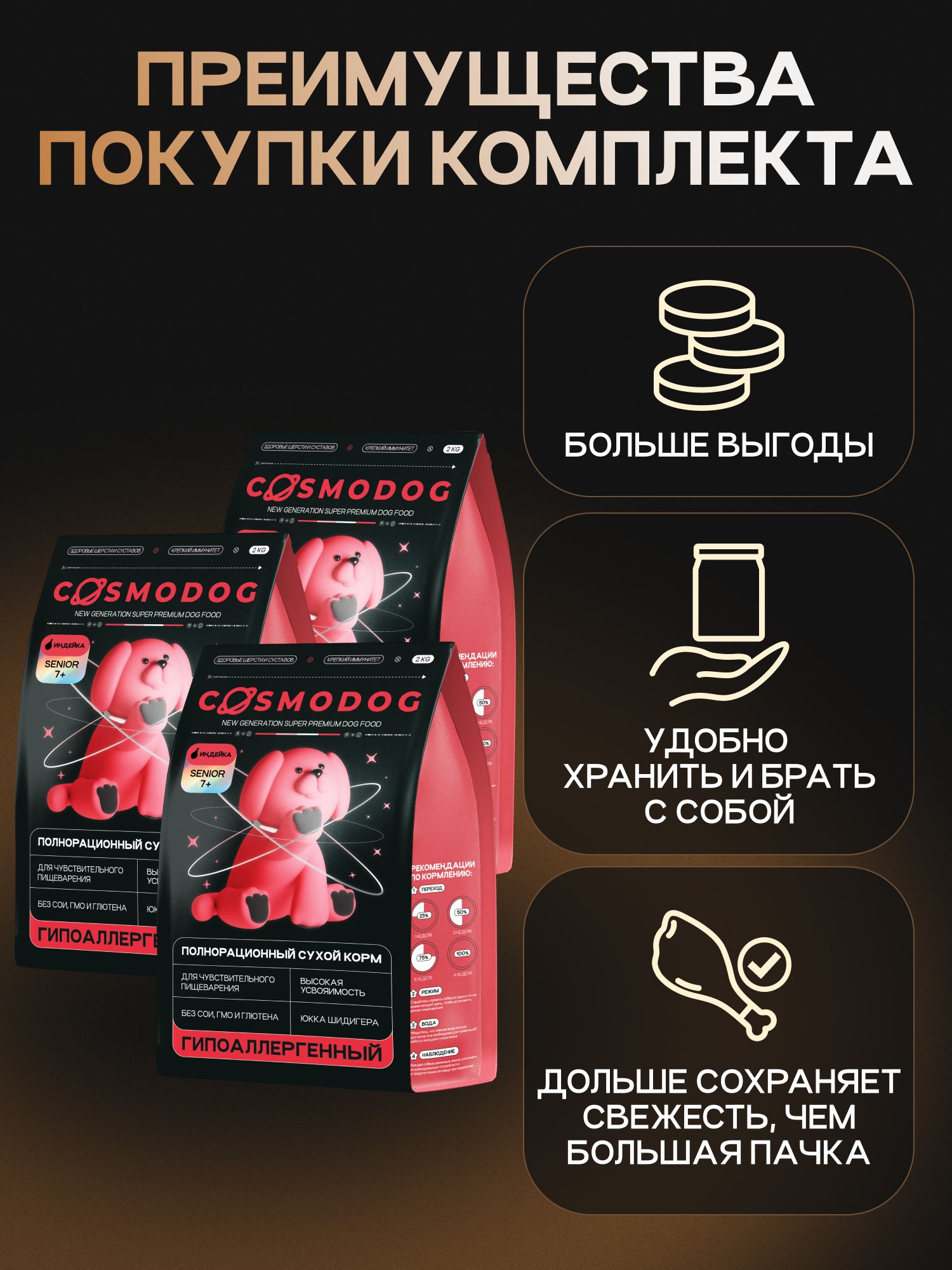 Набор кормов сухих для собак «Cosmodog» Senior 7+ с индейкой 2 кг, 3 пачки