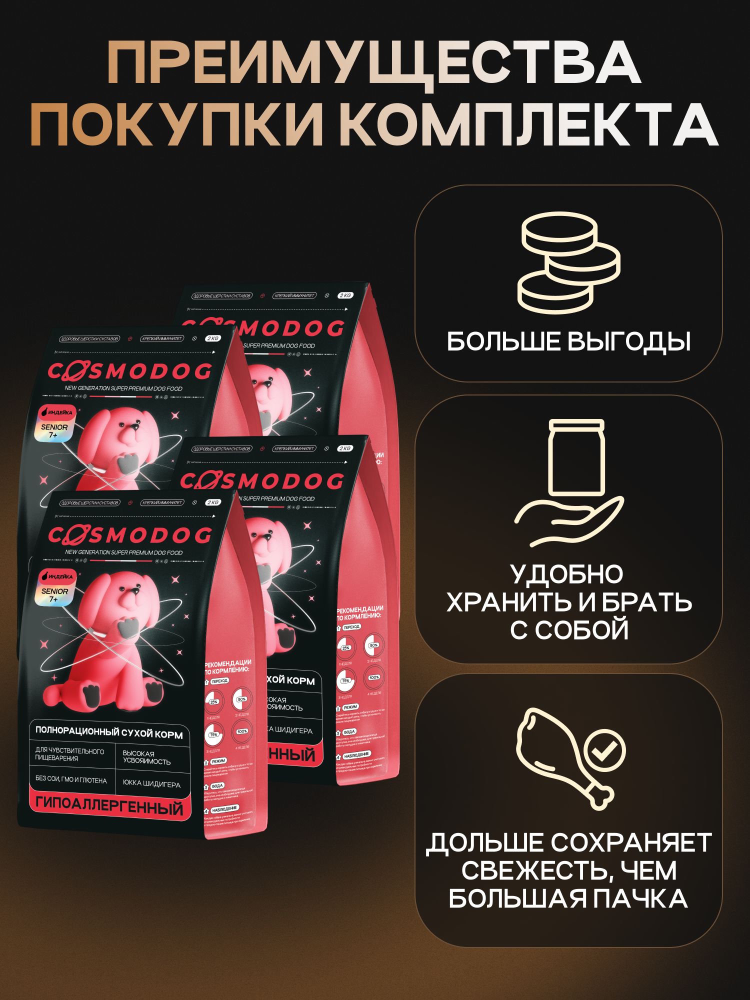 Набор кормов сухих для собак «Cosmodog» Senior 7+ с индейкой 2 кг, 4 пачки