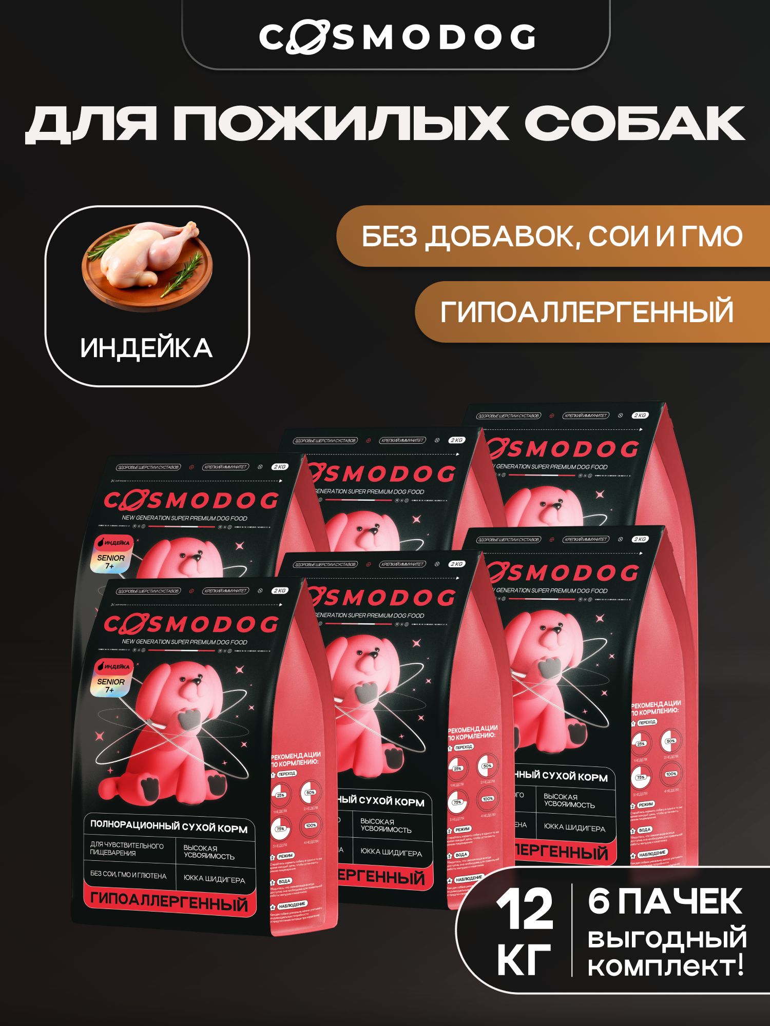 Набор кормов сухих для собак «Cosmodog» Senior 7+ с индейкой 2 кг, 6 пачек
