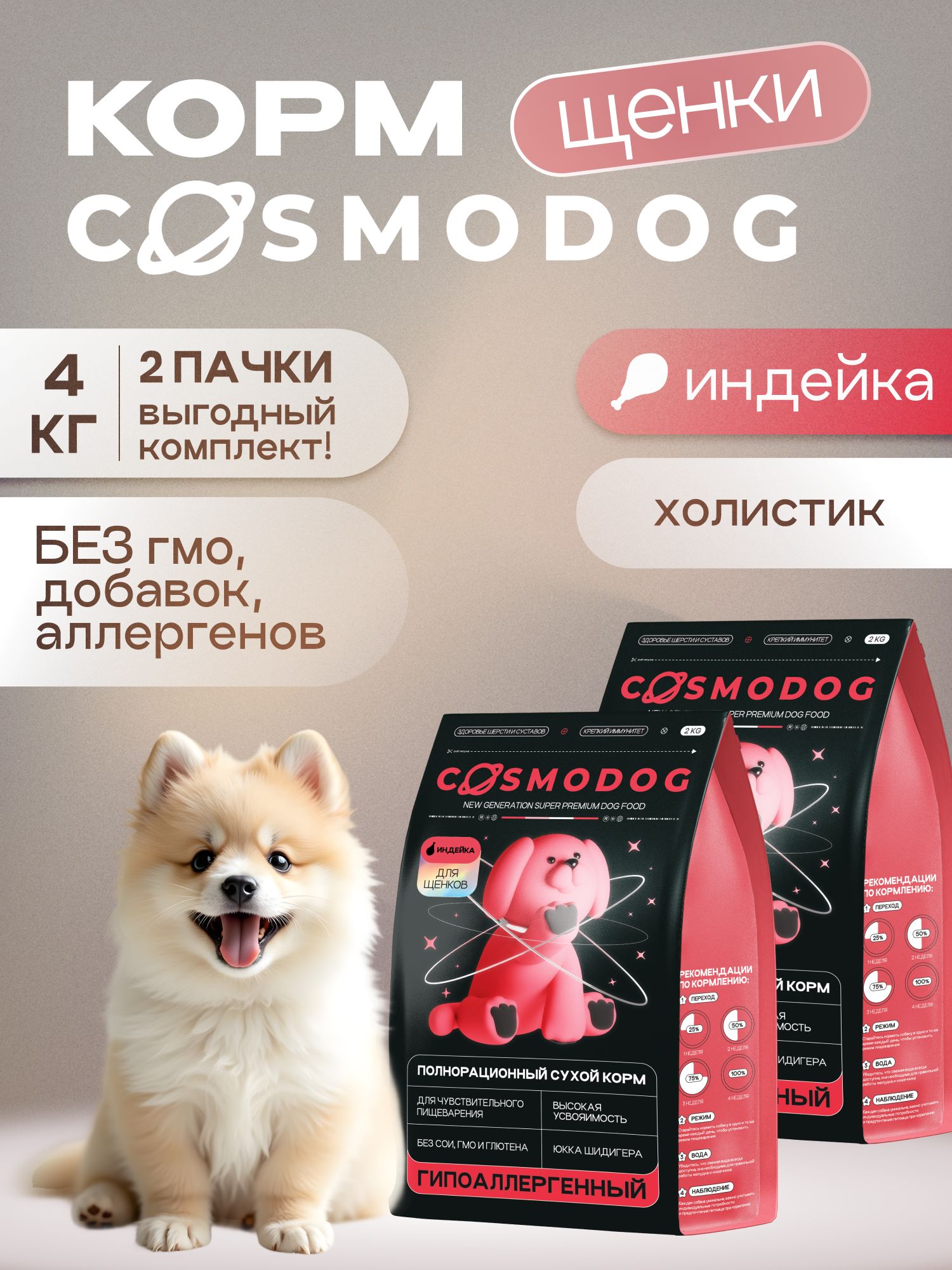 Набор кормов сухих для собак «Cosmodog» для щенков с индейкой 2 кг, 2 пачки