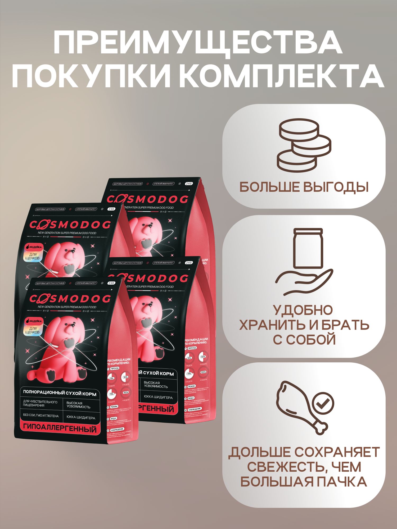Набор кормов сухих для собак «Cosmodog» для щенков с индейкой 2 кг, 4 пачки