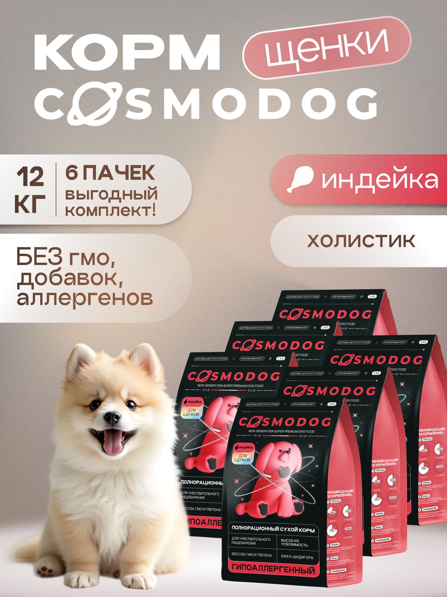 Набор кормов сухих для собак «Cosmodog» для щенков с индейкой 2 кг, 6 пачек