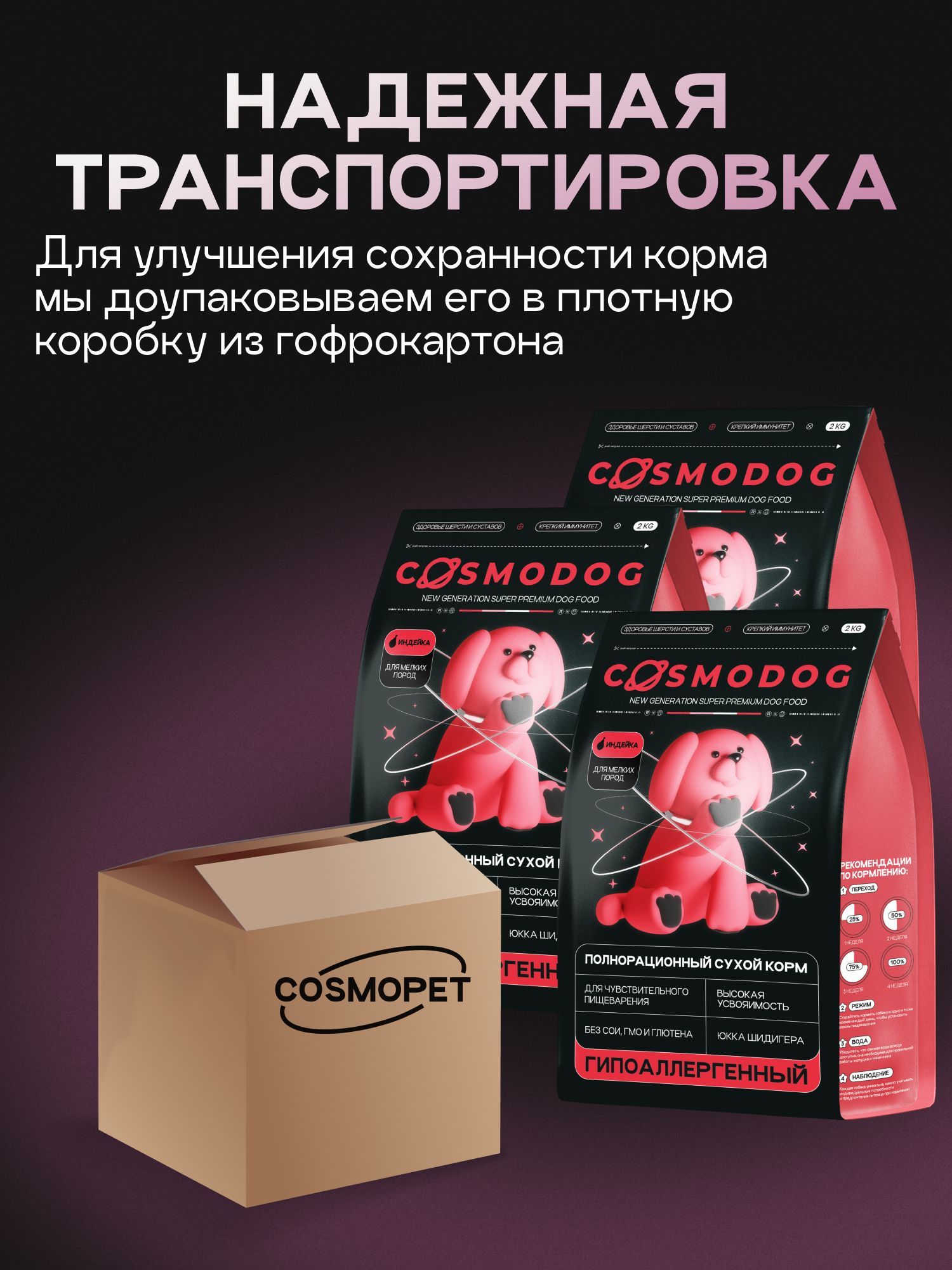 Набор кормов сухих для собак «Cosmodog» для малых пород с индейкой 2 кг, 3 пачки