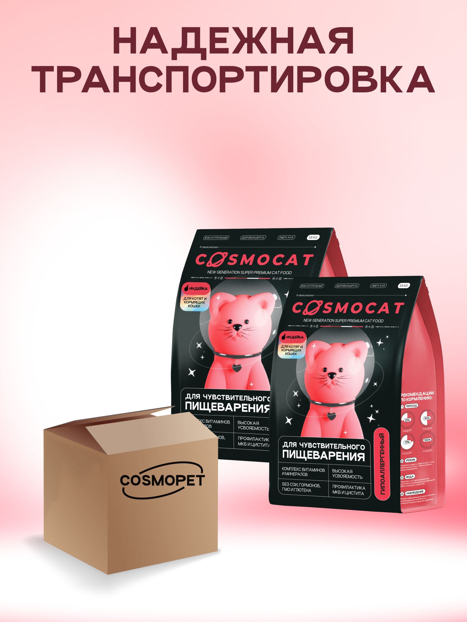 Набор кормов сухих «Cosmocat» для котят и кормящих кошек с индейкой 1.8 кг, 2 пачки