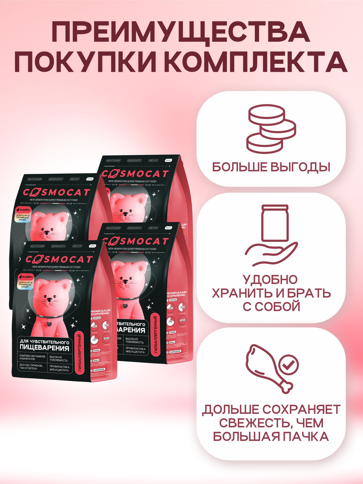 Набор кормов сухих «Cosmocat» для котят и кормящих кошек с индейкой 1.8 кг, 4 пачки