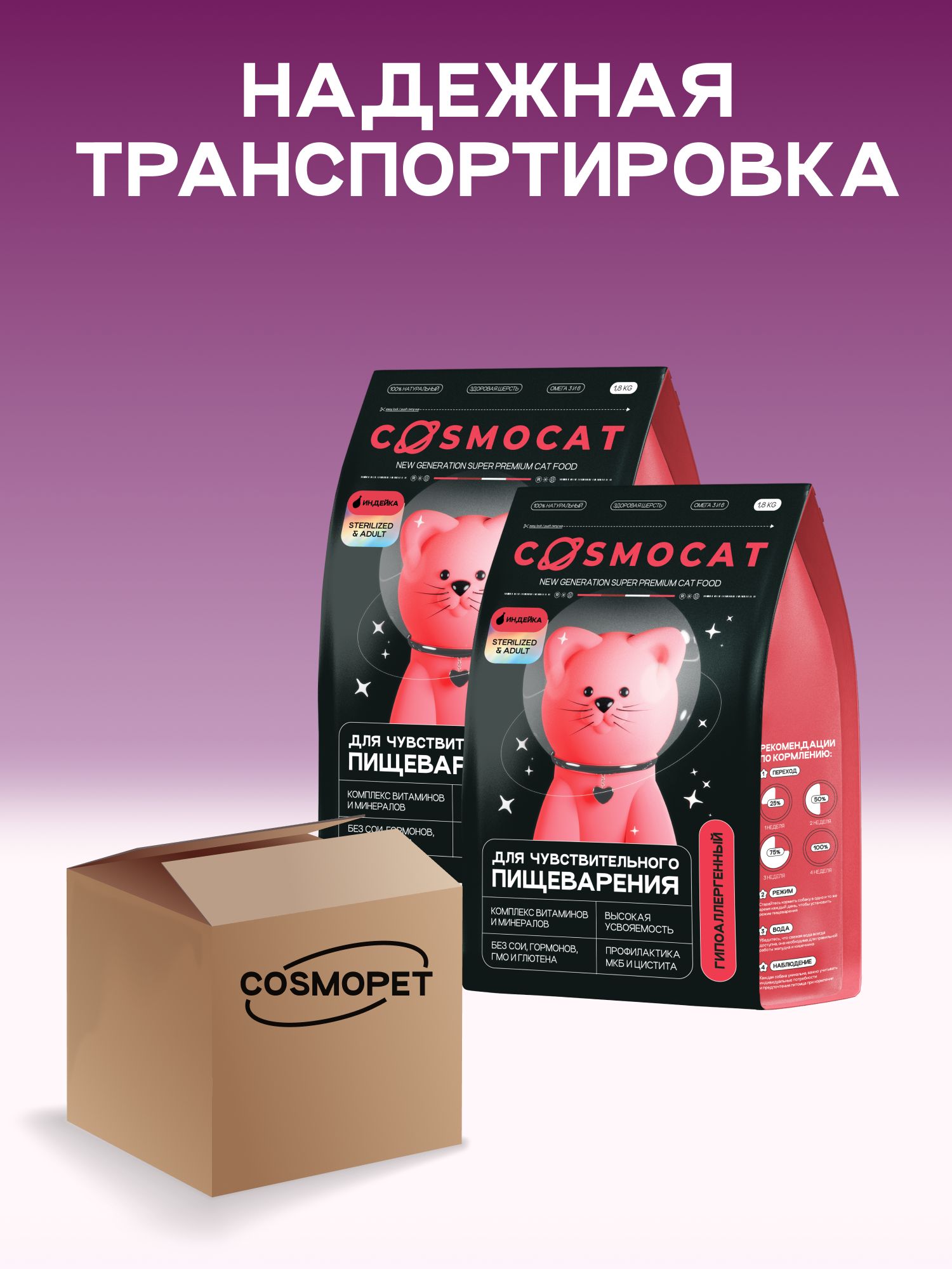 Набор кормов сухих «Cosmocat» для стерилизованных кошек с индейкой 1.8 кг, 2 пачки