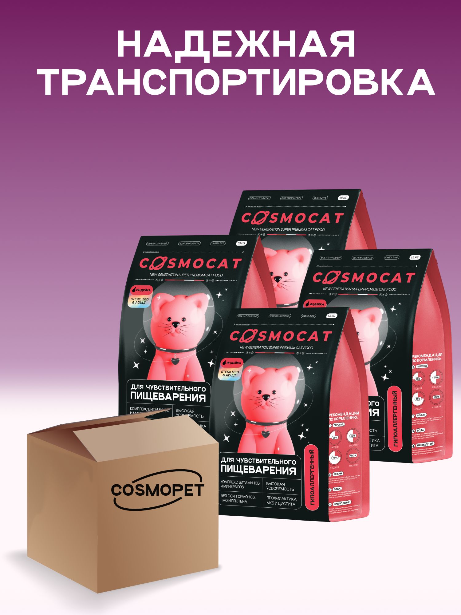Набор кормов сухих «Cosmocat» для стерилизованных кошек с индейкой 1.8 кг, 4 пачки