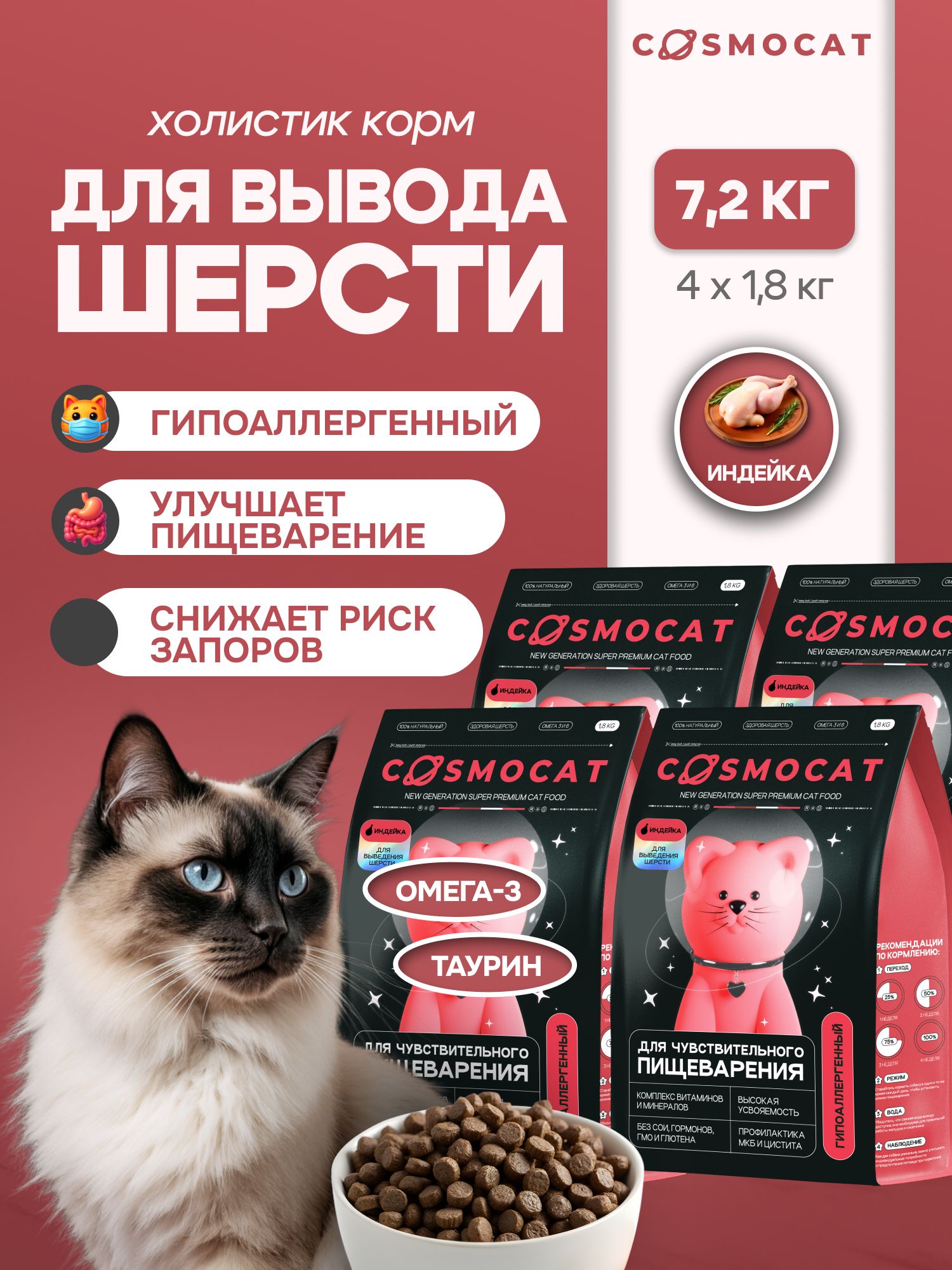 Набор кормов сухих «Cosmocat» для выведения шерсти с индейкой 1,8 кг, 4 пачки