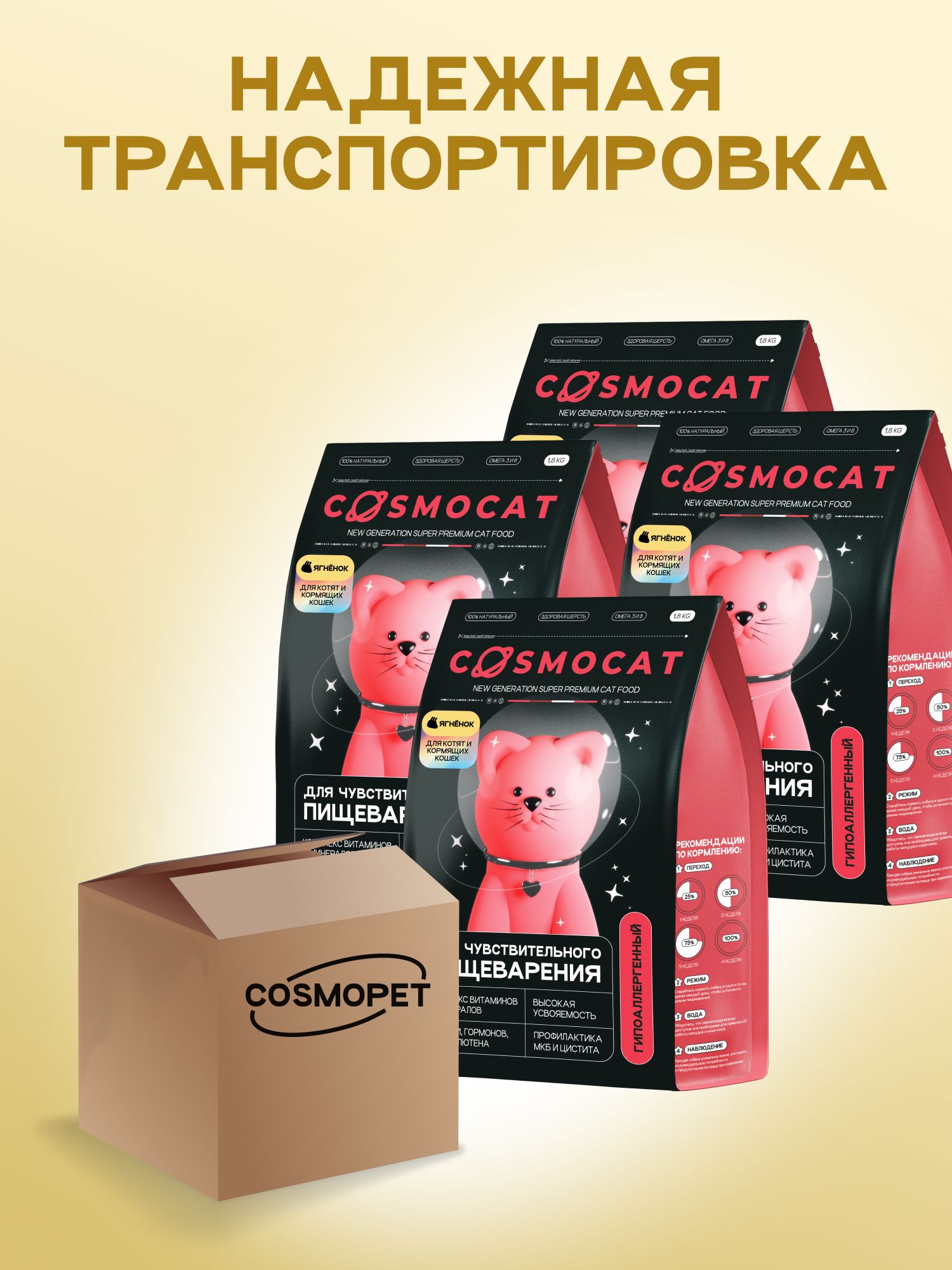Набор кормов сухих «Cosmocat» для котят и кормящих кошек с ягненком 1,8 кг, 4 пачки